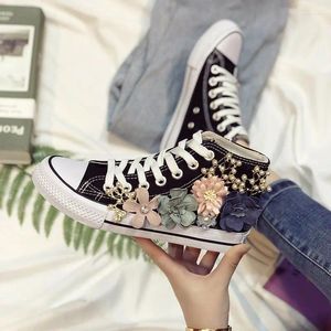 Casual Shoes Summer High Top Women Sneakers Wedges Canvas Fashion Woman Handmade Custom Pearl Flowers White Black Flats
