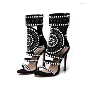 サンダルの女性ファッションオープントゥーラインストーンデザインハイヒールクリスタルアンクルラップグリッターダイヤモンドグラッディエーターブラックサイズ35-42