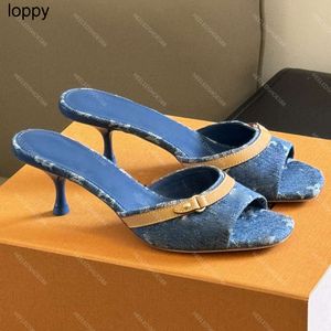 New Designer slippers shoes womens sandals Fashion Denim Print Patchwork cowhide Kitten Heel Moccasins 35-41 6cm High heeled Novelty Slipper