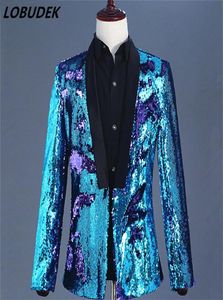 Vocal Concert Fashion Men Purple Blue paljetter Blazers Double Color Sequin Jackor Coat Prom Party Man Singer Host Stage Outfit TI6848204