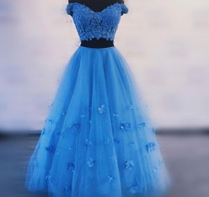 Spring Blue Party Sukienki z ramion krótkie rękawy Aplikacje koronkowe tanie sukienka na bal