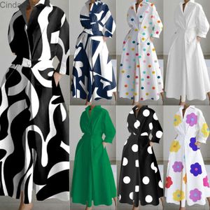 Designerklänningar för kvinnors nya mode långärmad V-ringad tryckt mantel elegant vestido klänningsdräkter