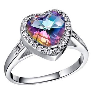 2018 Hot sale Jewelry Cut heart shaped Mystic Rainbow topaz & Cubic Zirconia Platinum Plated Rings Size #6 #7 #8 #9 R0175 280O
