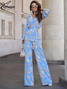 Zweiteilige Hosen von Frauen Oymimi Fashion Blue Print Women 2 Set Outfit elegante Schnür-up-Langarm-Knopfhemden und gerade Sets in voller Länge in voller Länge