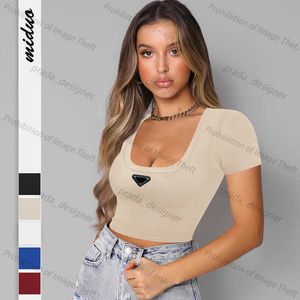 Designer Women's T-shirt 24ss Summer New Square Neck Ultra Short Open Navel Short Sleeve T-shirt Fashion Commuter Solid Color Tight Tank Top 5 Colors