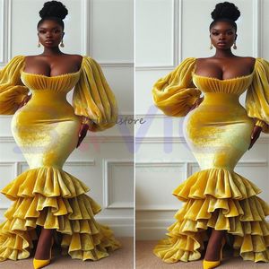 Gorgeous Nigeria African Prom Dresses Elegant Long Sleeve Velvet Mermaid Evening Gowns Tiered Ruffles Black Girls Formal Dress 2024 Dance Ceremony Birthday Dress