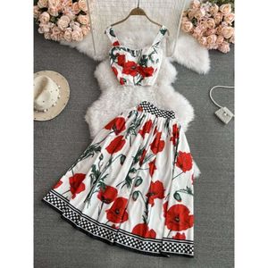 Fashion set womens strapless suspender vest two-piece set high waisted slimming mid length A-line printed skirt summer