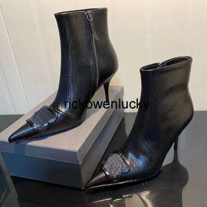 balencigaa Best-quality Boots Balencig Stiletto Heel Fashion Black Womens Mules Lizard Genuine Leather Pointed Toes Zip Ankle Luxury Designer factory footwear