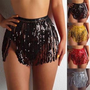 Skirts Women Glitter Sequins Tassels Mini Skirt Belly Dance Elastic Waist Hip Latin Fringe Scarf Festival Outfit