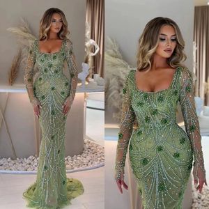 Luxury Prom Dresses For Women Square Neck Long Sleeves Gown Crystal Sequins Sweep Train Party Dress