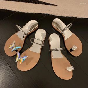 Slippers Crystal Butterfly Shoes Summer Solid Flats Round Head Woman Fashion Concise Women One Belt 2024