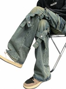 criss-cross jeans män safari stil fi fritid full längd ons vintage blekt streetwear baggy fit retro byxor n53j#