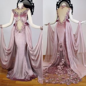 Fantasy Dusty Pink Mermaid Evening Dresses 3D Floral Appliques Illusion High Neck Open Back Sexy Elven Fairytale Special Occasion Gown Sleeveless Velvet Chiffon