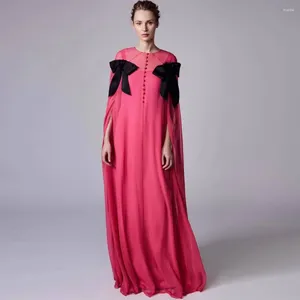 Casual Dresses Modest Rose Red Chiffon Long Women To Party Cute Bow Buttons Straight Maxi Gowns Robe