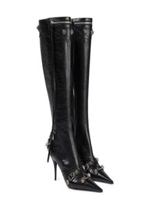 ブーツcagoleデザイナーブーツ女性冬の黒い膝ハイブーツスタッドバックル飾られた先の尖ったつま先セクシーなスティレットヒールリアルレザー2711230