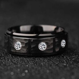 Cluster Rings Custom 8mm Width Black Tungsten Wedding Rings for Mens Gift Hammer Faceted Finished Inlay CZ Stones Size 6-13 Free Engraving Y240601AH6C