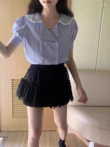 Women's Blouses Korobov South Korea Ins Summer Shirts Sweet Age-reducing Doll Lapel Striped Top Double-breasted Short-sleeved Camisas