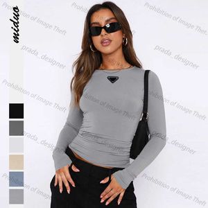 Women's T shirt Designer Summer New Tight Long sleeved Tank Top Solid Color Slim Fit Metal Nameplate T shirt Top Six Colors
