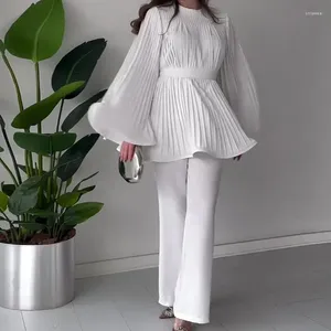 Women's Two Piece Pants 2024 Summer Women Suit White O-Neck Long Sleeve Pleated Lace Up Top Suits Female Elegant Trendy Casual Ladies