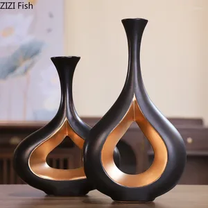 Vaser modern europeisk keramisk svart guld vas vardagsrum dekoration kreativ ihålig blomma utsökta blommor hem