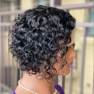 150 Densitet Curly Pixie Cut Frontal Wigs Human Hair 13x4 Top Swiss spets Kort lockigt mänskligt hår peruk för kvinnor 6 tum