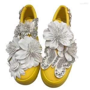 Buty swobodne kobiety trampki w stylu osobisty żółty z białym kwiatem kryształowy łuk 3 cm platforma wygodna wysokiej jakości dostosowanie