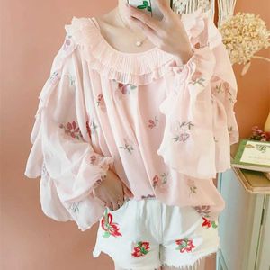 Women's Blouses Shirts Blouses Spring Summer Korean Sweet Cute Mori Girl Style Embroidery Floral Chiffon Shirts Autumn Casual Loose Women Tops S2460655