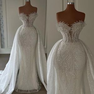 Luxury Mermaid Wedding Dresses For Women Strapless paljetter Spets Bridal Gown ärmlös löstagbar tågklänning skräddarsydd Vestidos de Novia