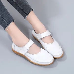 Casual Shoes Soft Leather Flat for Women Spring Buckle Shallow Mouth Women's Walking Outdoor Big Size 41 White