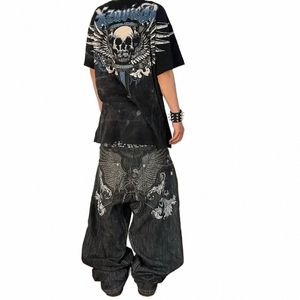 2024 New American Retro Skull Wings Embroidered Baggy Jeans Men And Women Y2K Harajuku Hip-hop Gothic Wide Trousers Streetwear p6hm#