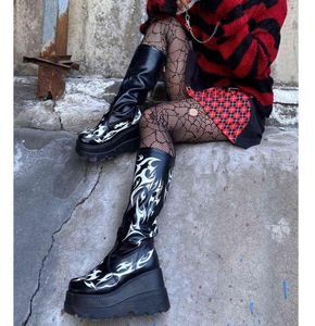 DORATASIA Large Size 43 Women Platform Black Punk Chunky Shoes Casual Boots Women Wedges Punk Goth Zipper Mid Calf Boots Y09102374564