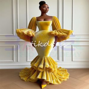 Yellow Flamenco Prom Dresses For Black Girls Elegant Square Neckling Puff Sleeve Mermaid Evening Gowns Velvet African Nigeria Aso Ebi Formal Birthday Dress 2024