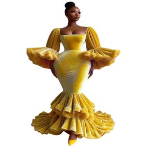 Amazing Yellow Flamenco Prom Dresses For Black Girls Elegant Square Neckling Puff Sleeve Mermaid Evening Gowns Velvet African Nigeria Aso Ebi Formal Birthday Dress