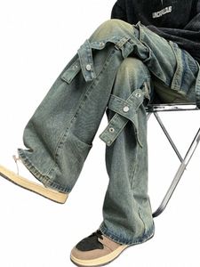 criss-cross jeans män safari stil fi fritid full längd ons vintage blekt streetwear baggy fit retro byxor 10o1#