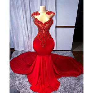 Elegant prom Dress Red Carpet Birthday Dress For Black Girl Sparkly Crystal Beaded Veet Sheer Mesh Mermaid Evening Gown 0606