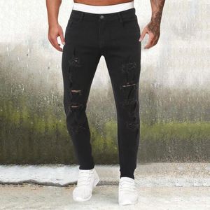 Men's Jeans Casual Hip Hop Sports High Stretch Tight Wash Polished White Ripped Fit Zipper Classic Man Straight Denim Wide-Leg Pants