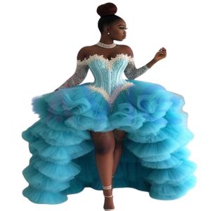Luxury High Low Prom Dresses For Black Women Elegant Off Shoulders Long Sleeve Blue Evening Dress Aso Ebi Dance Birthday Dress Lace Tiered Ruffles Formal Cocktail