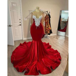 Red Velvet Trumpet African Prom Dress With Long Sleeve Sheer Neck Crystal Applique Tassel Evening Birthday Party Gown 0606