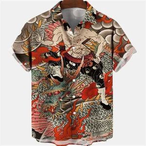 남자 폴로 여름 남성 드래곤 패턴 요소 셔츠 소셜 캐주얼 빈티지 하와이 셔츠 2023 새로운 대형 짧은 슬리브 거리 의류 Q240605