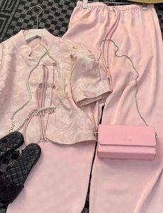 Pink Sky Silk dwuczęściowy zestaw 2024 Summer Nowy mały pachnący styl top+spodnie