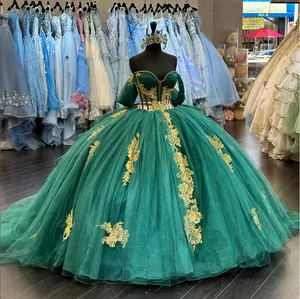 Dark Green Sheath Tulle Princess Tutu New Card Shoulder Strappy Prom Dresses Sparkling Applique Bow 15 Quinceanera Dresses