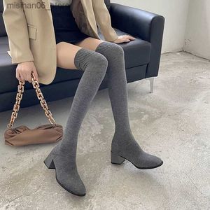 Boots Thigh High Boots Shoes Sock Womens Over-the-knee Elegant Woman Sexy Tights Chunky Heels 2022 Autumn Winter Knitting Long boot Q240606