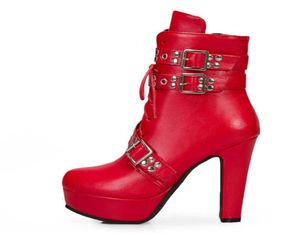 Women Ankle Boots Platform Lace Up High Heel Short Women Boots Buckle Red Yellow White Round Toe Sexy Ladies Shoes Large Size 48 Y7165676