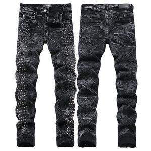 Men's Jeans Letter AMIRIiocn tiny spot Men Embroidery Patchwork Ripped Trend Brand Motorcycle Pant Mens Skinny AM3767# size 29-38