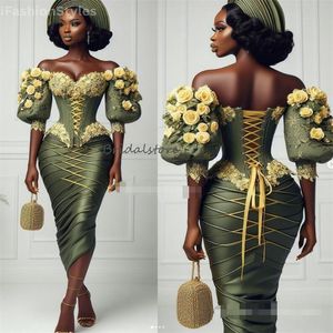 Charming Olive Green Aso Ebi Prom Dresses With Yellow Rose Flowers Elegant Off Shoulders Short Sleeve Corset Black Girls African Evening Gowns Maxi Birthday Party