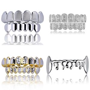 Silver Grills Tooth Grillz Teeth Set CZ Diamonds Vampire Grills 18k Plated Gold Top Bottom Grill Bling Iced Out for Men Jewelry Design 6 to 9