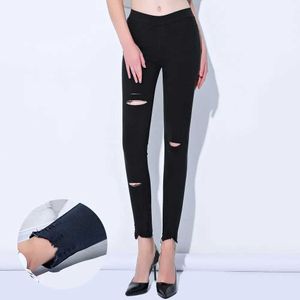 Jeans femminile stretch jeans strappato con buchi pantaloni a matita con buchi pantaloni a matita casual tasca vera lunghezza caviglia finta di grandi dimensioni y240604hgb6