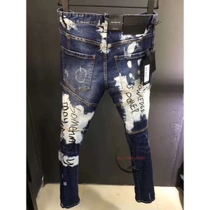 Herr jeans street stil mode män hög kvalitet retro blå tryckt designer smal fit rippade hiphop stänkade denim pantsmens xs-3xl 158