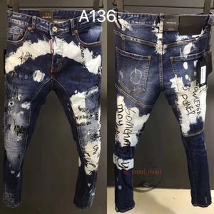 Herr jeans street stil mode män hög kvalitet retro blå tryckt designer smal fit rippad hiphop stänkade denim pantsmens xs-3xl