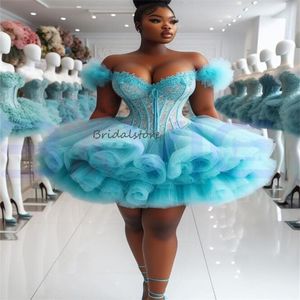 Luxury Blue Ruffles Short Prom Dresses 2024 Off Shoulders Mini Aso Ebi Birthday Dress Elegant Lace Tiered Ruffles Cocktail Dress Formal Evening Black Girls Dress